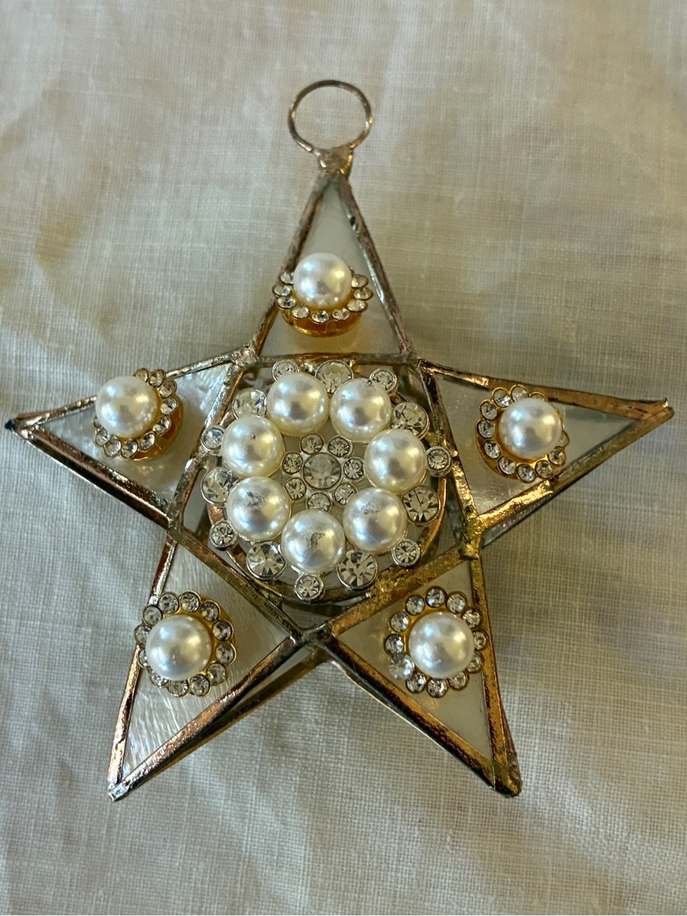 handcrafted stained glass star ornament 5 point faux pearls rhinestones